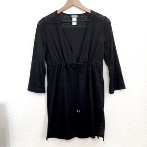 Y2K Dotti Swim Coverup Dress Tunic Black Size Medium Cutouts V Neck Pullover